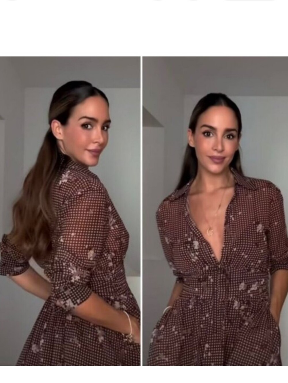 ZARA Brown Floral Gingham Long-Sleeve V-NECK A-Line Dress - Picture 11 of 16